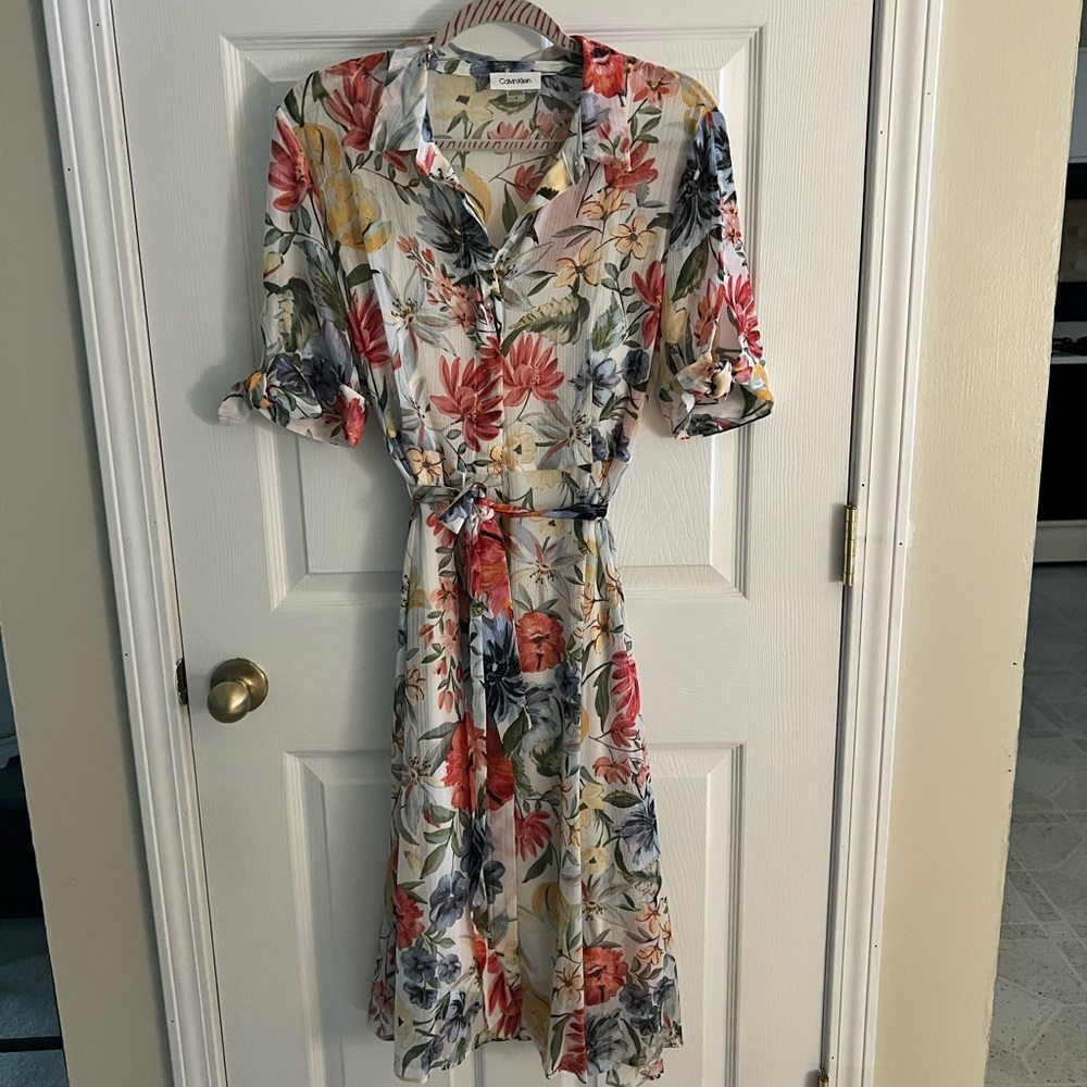 Calvin Klein summery floral white midi dress with vibrant colors
